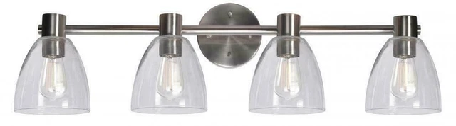 Kenroy Home Edis 4-Light Clear Glass Shades Brushed Steel Bath Vanity Light Kenroy Home Edis 4-Light Clear Glass Shades Brushed Steel Bath Vanity Light