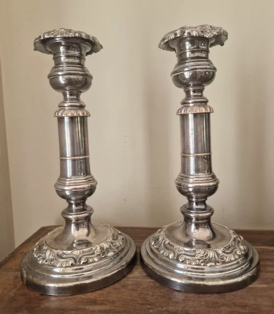 Antique Silver Plated On Copper Telescopic Pair  Candlesticks