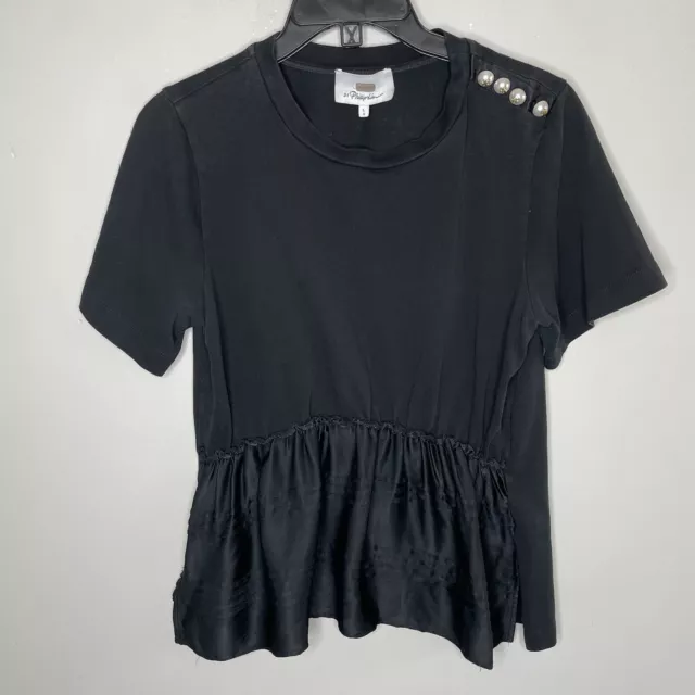 3.1 PHILLIP LIM Top Womens Large Black Short-Sleeve Shoulder Buttons Pleated