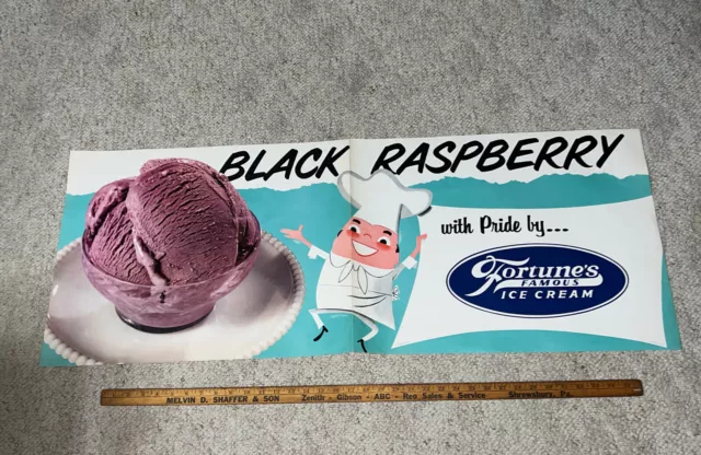 Vintage 1950s Large Grocery Store Fortunes Black Raspberry Ice Cream Dairy Sign