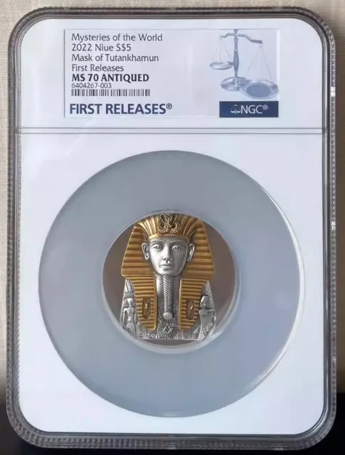 NGC MS70 FR Niue 2022 Mysteries of the Word Tutankhamun Mask Silver Coin 2oz