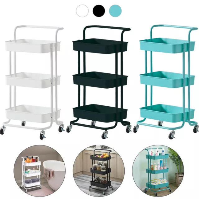 3 Tier Slim Salon Kitchen Storage Trolley Cart Metal Rack Tray Rolling On Wheel