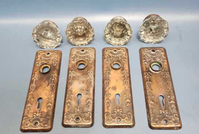 4 Vintage 12 Point Crystal Glass Door Knobs  & 4 Brass Plates