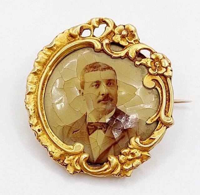 Broche antique or 18k porte photo à décors fleuri (circa 1900) art nouveau