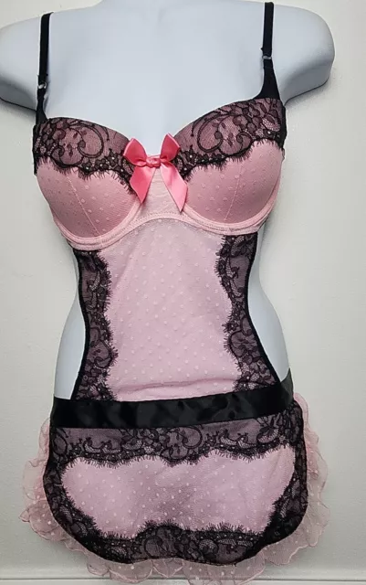 NWT Victoria Secret 36C/S Sexy Little Things Maid Apron Babydoll Thong Set  Pink