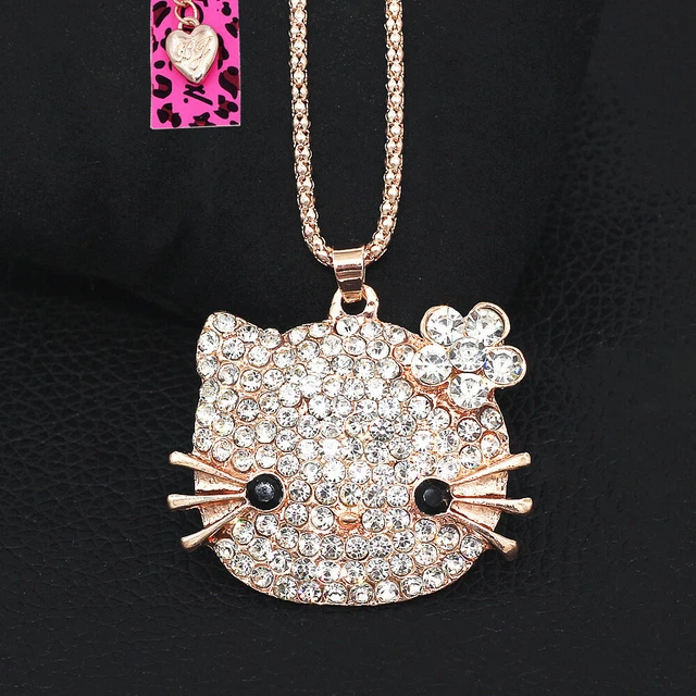 Betsey Johnson Crystal Rhinestone Cute Cat Kitten Pendant Long Chain Necklace