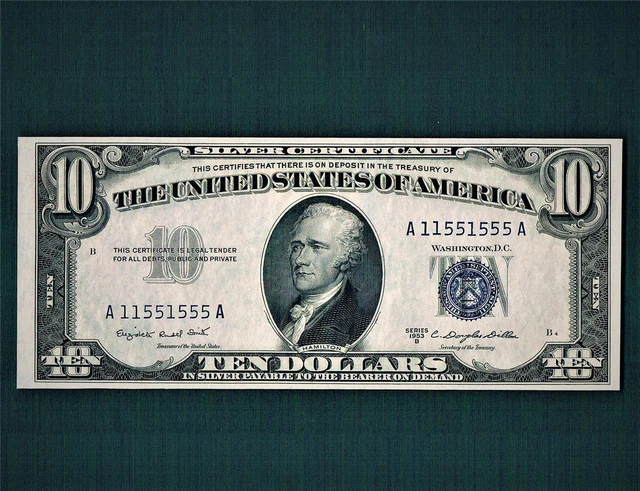 1953B $10.00 Silver Certificate "FANCY BINARI#A11551555A Block"~PRISTINE Gem&EPQ