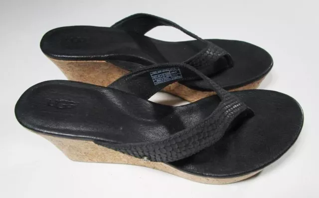 Ugg Black Leather Thong Women's Sz 10 Cork Platform Wedge Sandals