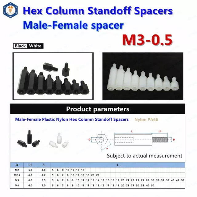 M3 Male-Female Black and White  Plastic Nylon Hex Column Standoff Spacers