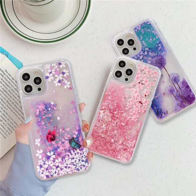 Floral Moving Liquid Glitter Case Phone Cover For iPhone 15 14 13 12 11 Pro Max