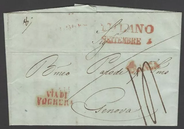 Italy 1840 pre stamp red MILANO FRIENCA & 2 line VIA DI/VOGHERA to Geneva