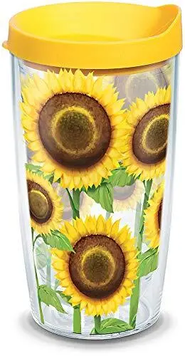 Plastic Sunflowers Tumbler with Wrap and Yellow Lid 16oz, Clear