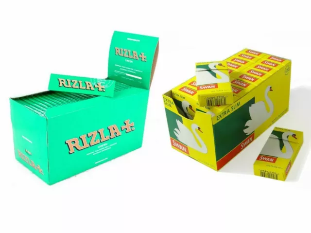 24 Book Rizla Green Regular Rolling Papers & Swan Extra Slim Filter Tips Smoking
