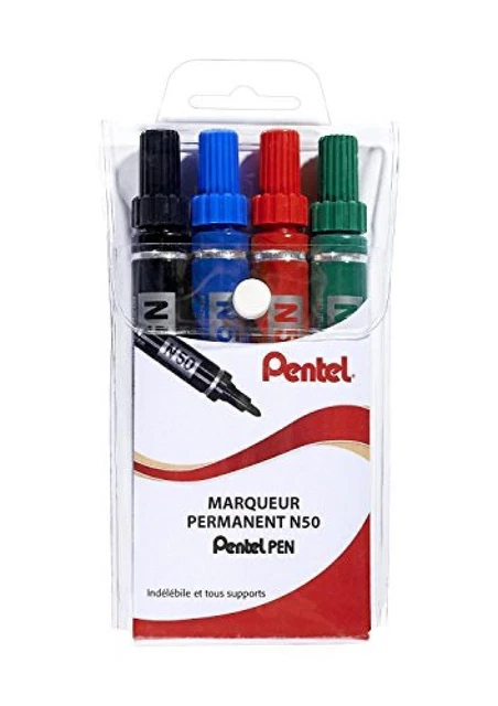 Pentel - Pennarello indelebile a Punta Conica Pochette de 4 Nero, blu, rosso, ve