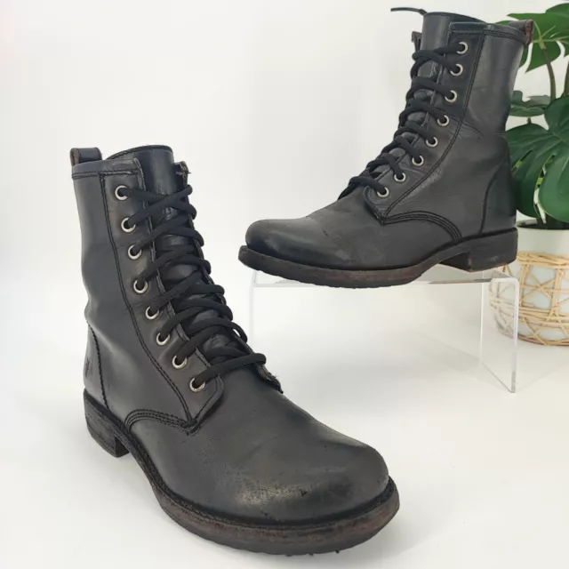 Frye Woman's Veronica Black Leather Lace Up Combat Boots Size 7.5 B