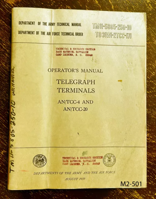 1959 Telegraph Terminals An/Tcc-4, An/Tcc-20, Operator Manual, Tm 11-5805-250-10