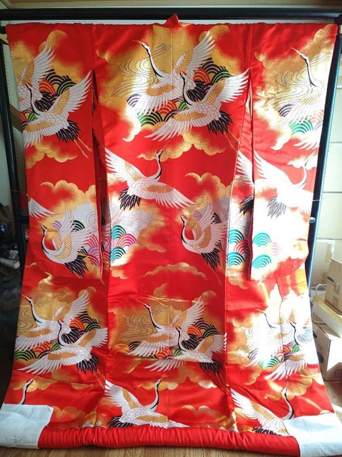 Japanese Wedding Silk Kimono Uchikake Gold Leaf Crane Wave Cloud Embroidery 70"