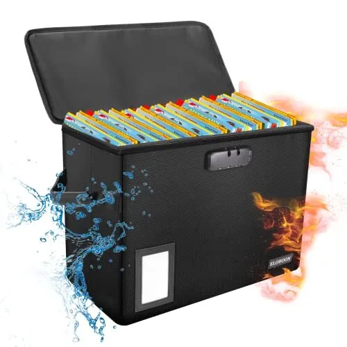 Comic Book Storage Box, ELOBOON Fireproof & Water-Resistant  with Lock Black