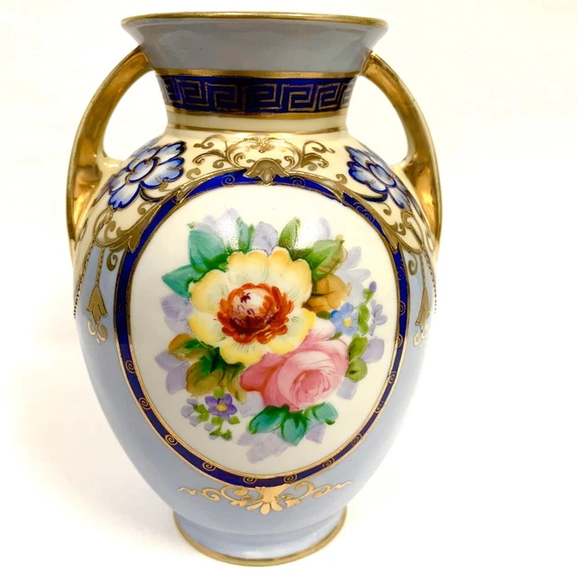 Antique Hand Painted Nippon Moriage Urn Vase Beaded Gold Cobalt Blue Morimura