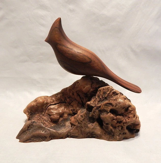 Signed Todd Weber Black Walnut Cardinal Wood Figurine on Manzanita Base