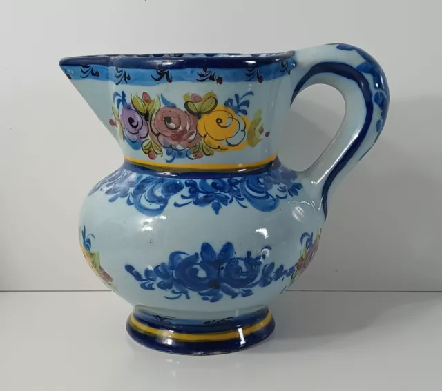 Vintage Portuguese Pitcher Hand Painted Signed Numbered Blue Floral 206