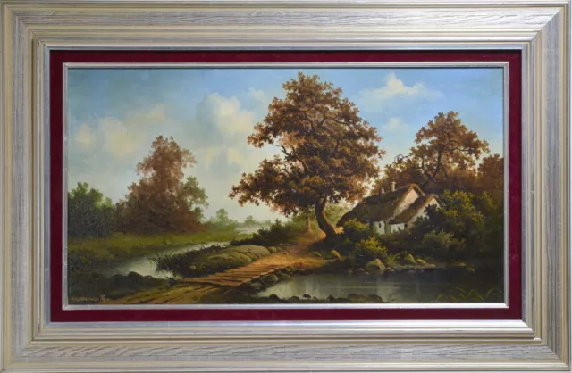 Scandinavian Autumn Landscape Country House by River at Sunset Vintage painting