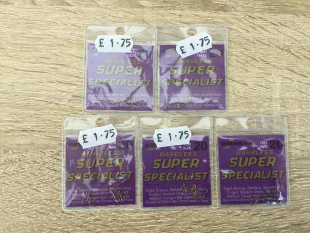 5 Packs Of Drennan Barbless Super Specialist Hooks Size 20