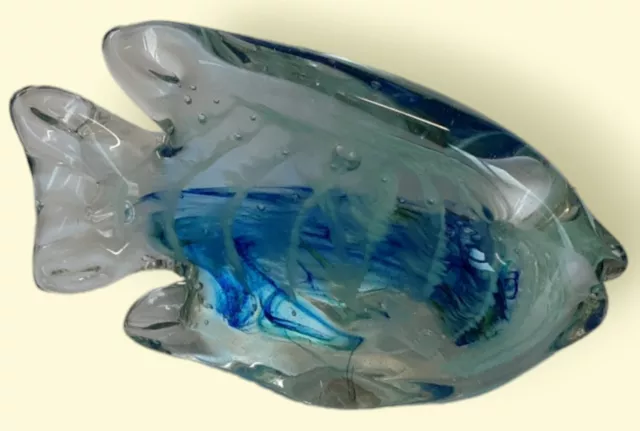 Hand Blown Art Glass  Blues Angel Fish Paperweight Murano Style 4" / 10 Cm
