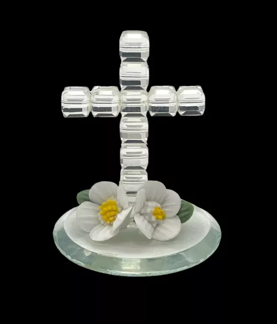 Vintage Crystal Glass Mini Figurine Clear Cross with White Flowers