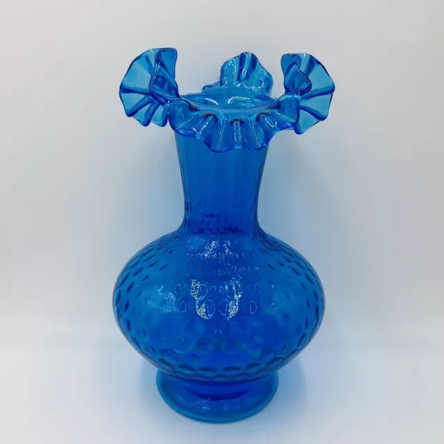 Fenton Art Glass Colonial Blue 11” Vase Crimped Rim Dot Thumbprint Optic