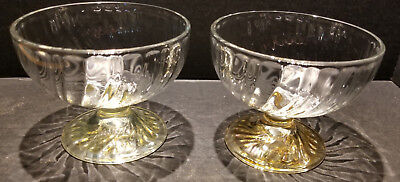 VINTAGE CLEAR SHERBET CUPS w/ Yellow Foot SWIRL DEPRESSION ERA  GLASS 1 Pair