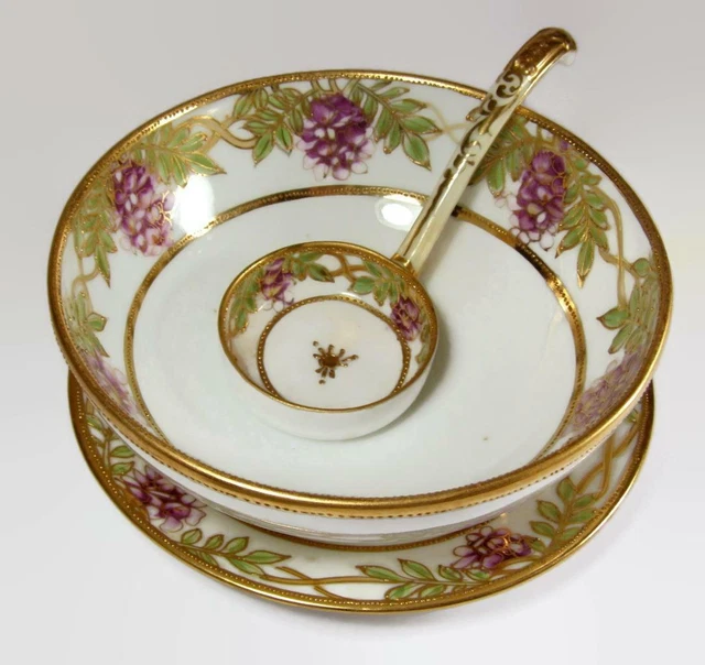 Nippon Noritake HP Purple Flowers Lilacs Wisteria Mayonnaise Bowl UP & Ladle Set