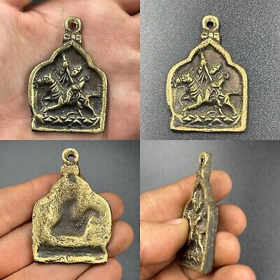Unique Near Eastern Old Bronze Wonderful Warrior Engraved Amulet