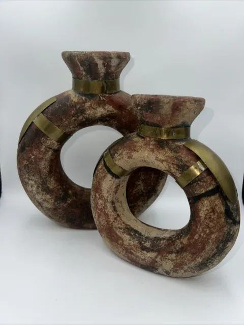 Ancient Greek Roman Glazed Terracotta Ring Flask Water Vessel Jug Brass Armor