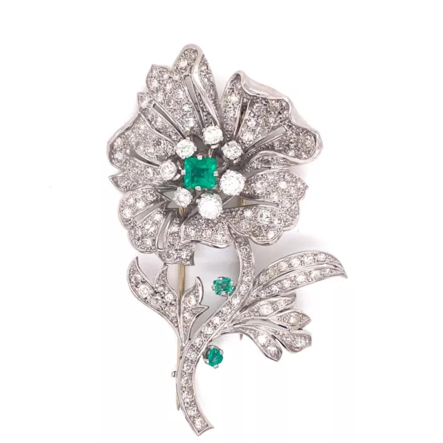 Gorgeous Flower Design Square Cut Vivid Green Emerald & Sparkling CZ Long Brooch
