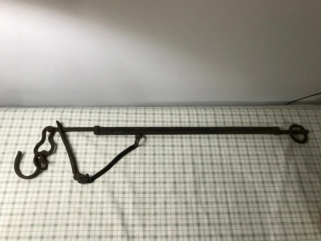 Large 33"-50" Early Antique Primitive Wrought Iron Fireplace Trammel Hook Forged