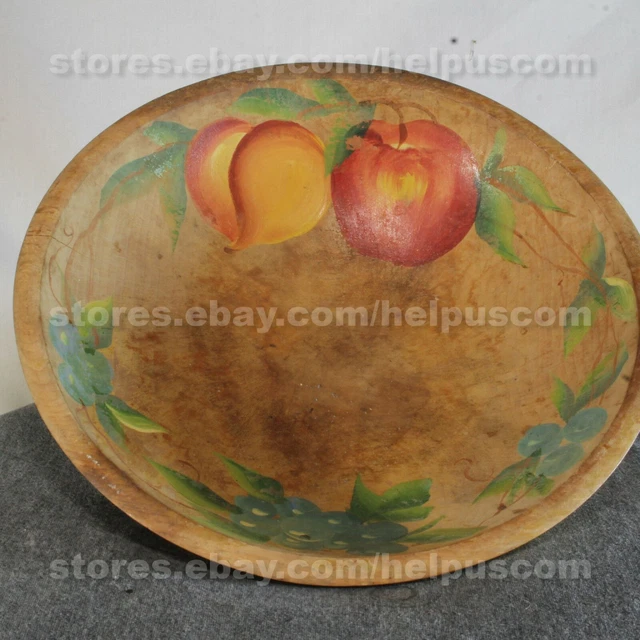 Vintage Wood Wooden Primitive Bowl Hand Painted Fruit Apple, Peach, Grapes 11"