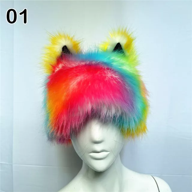 Adult Winter Cat Ear Hat Plush Beanie Thicken Faux Fur Soft Rainbow Y2K Festival