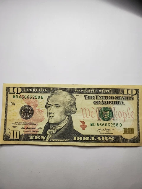 2013 FANCY  US TEN ($10) DOLLAR note. Currency collect serial 66666258 