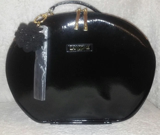 Lancome Black Faux Pat Leather Cosmetic Makeup Bag ROUND Train Case TRAVEL New