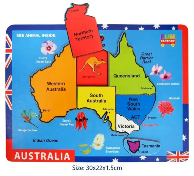 New Raised Wooden Australia Map Puzzle Fun Learning Educational Toy Teachers Aid