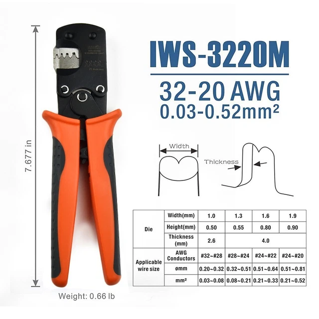 Micro-Connector Pin Crimping Tool 0.03-0.52mm² 32-20AWG Ratcheting Crimper