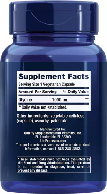 Life Extension Glycine 1000mg 100 cápsulas vegetales, sueño, sistema nervioso, energía 2