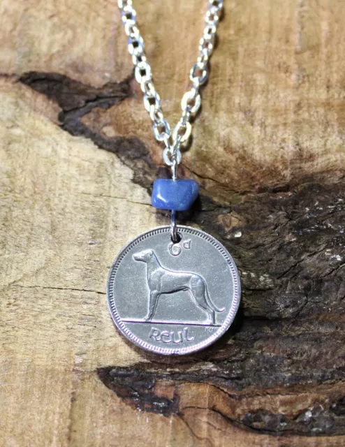 Dog Coin Necklace + Blue Aventurine Gemstone Bead - Ireland - Wolfhound N500