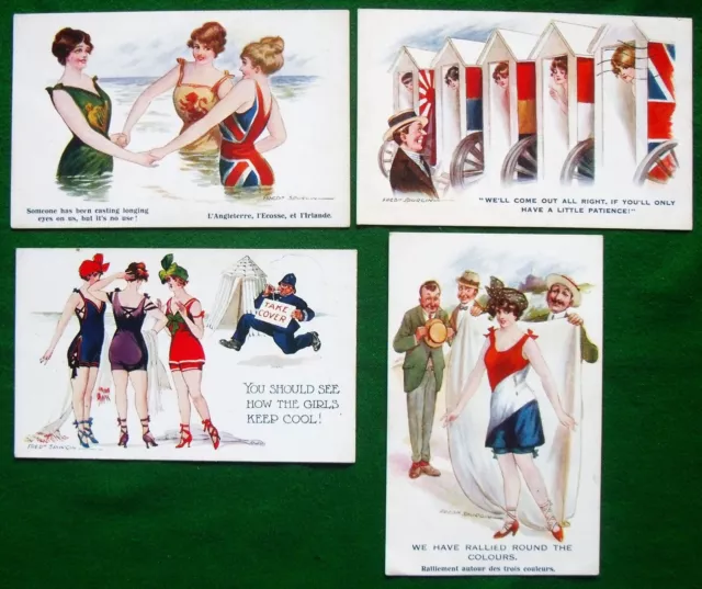 4 WW1 Military Comic Postcards by Fred Spurgin Allied Glamour Bathing Belles