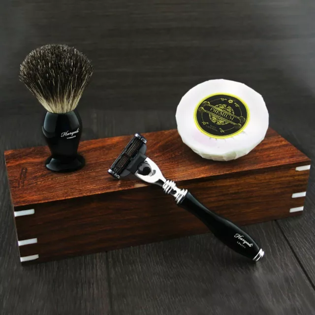 Shaving Set For Men With Black Badger Brush, 3 Edge Razor, Soap & Wood Box