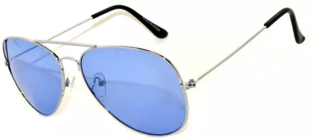 Colored Blue Lens Aviator Style Metal Sunglasses Silver Frame Shades 99% Uvb Uva