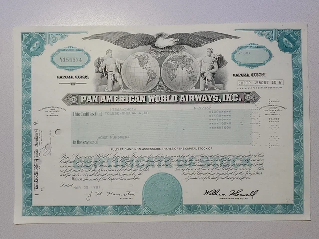 Pan American World Airways Cancelled Stock Certificate