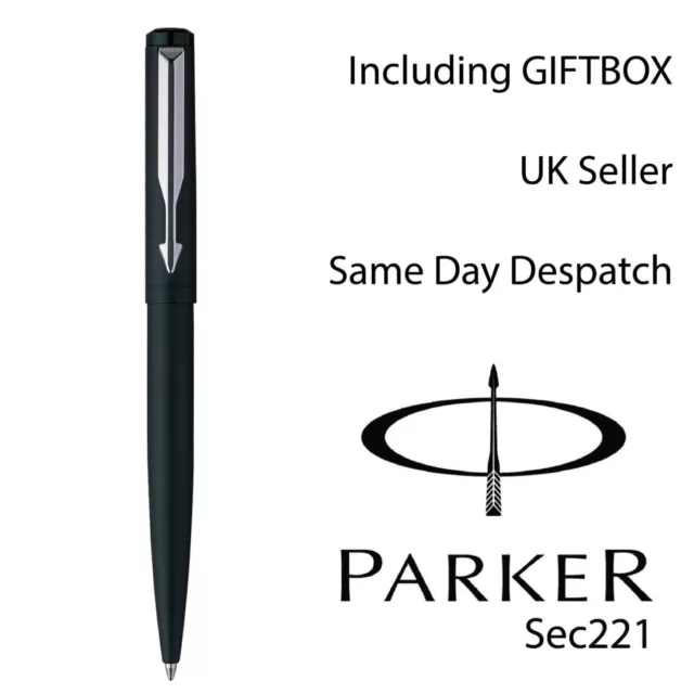 Genuine Parker Vector MATTE BLACK CT  Ballpoint pen - CHROME CLIP FREE GIFT BOX