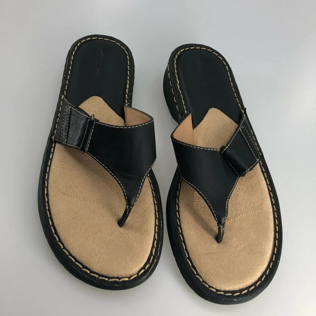 Softspots Sandals Women Black Upper Leather Slip On Casual Flip Flop Thong, 8